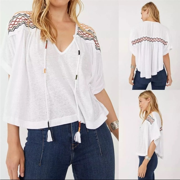 Free People Market Tee Bright White Embroidered V-Neck Boho Cotton Medium *NWOT* - Picture 1 of 11